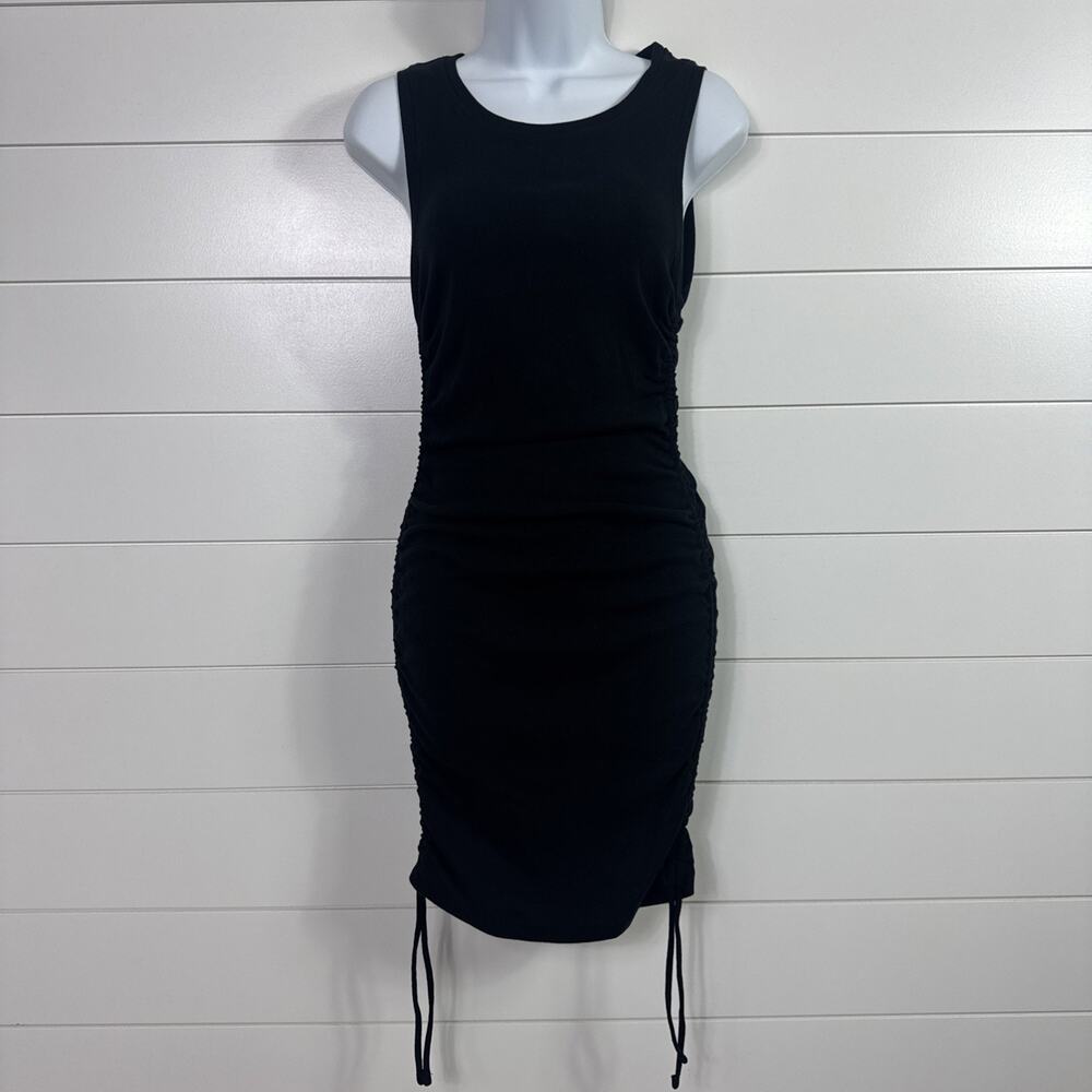 Good American Mini Tank Dress Ribbed Knit Stretch Ruched Sleeveless Black sz 2